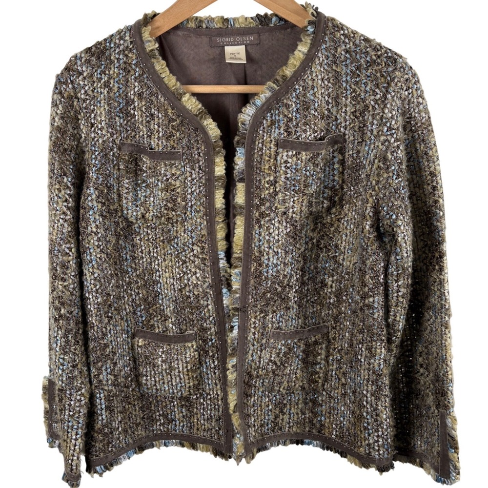 Sigrid Olsen Petite Sm Boucle Tweed Jacket Brown Blue Open Front Coastal Grandma